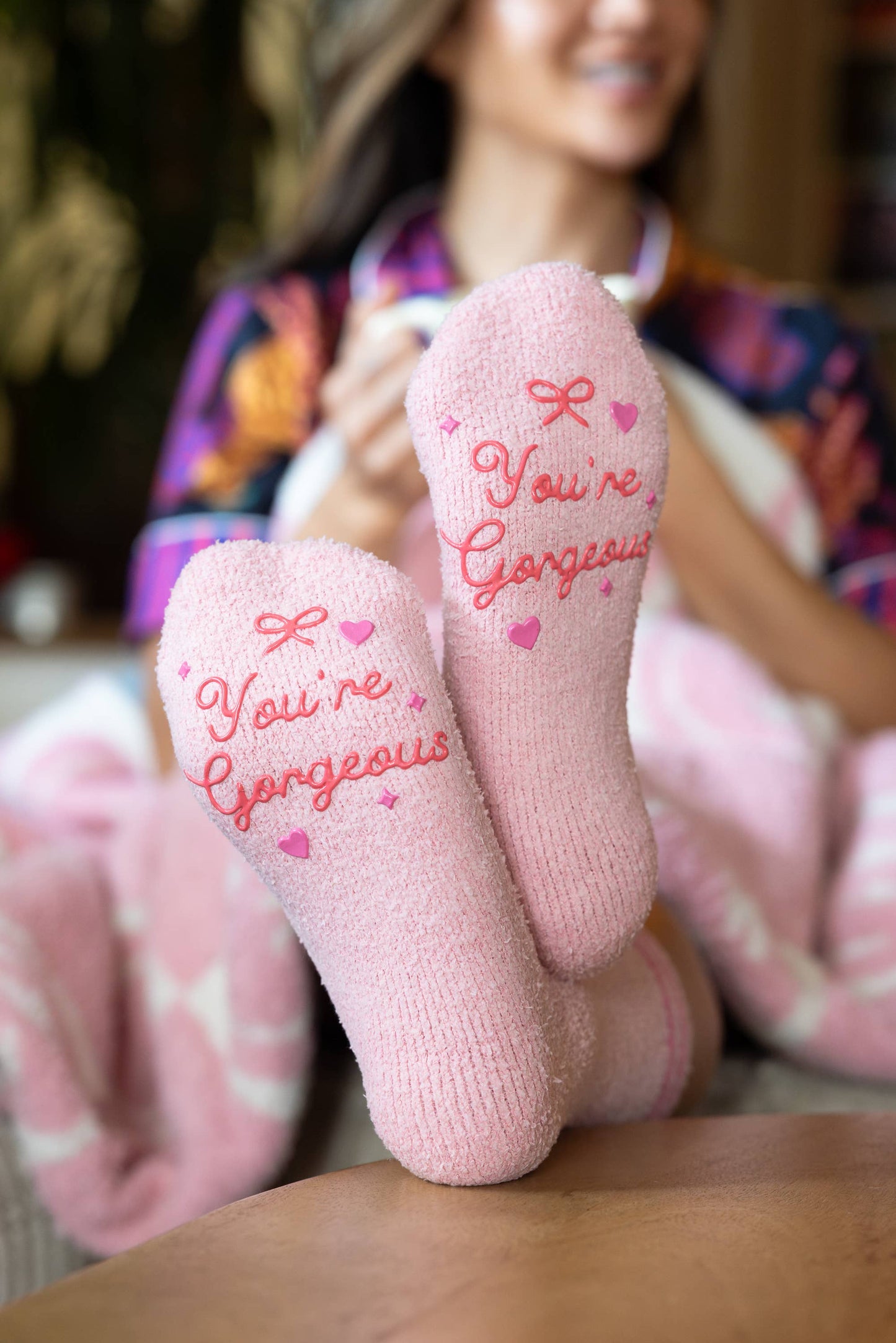 Fuzzy Crew Socks w/ Bottom Grip Phrase - "You're Gorgeous"