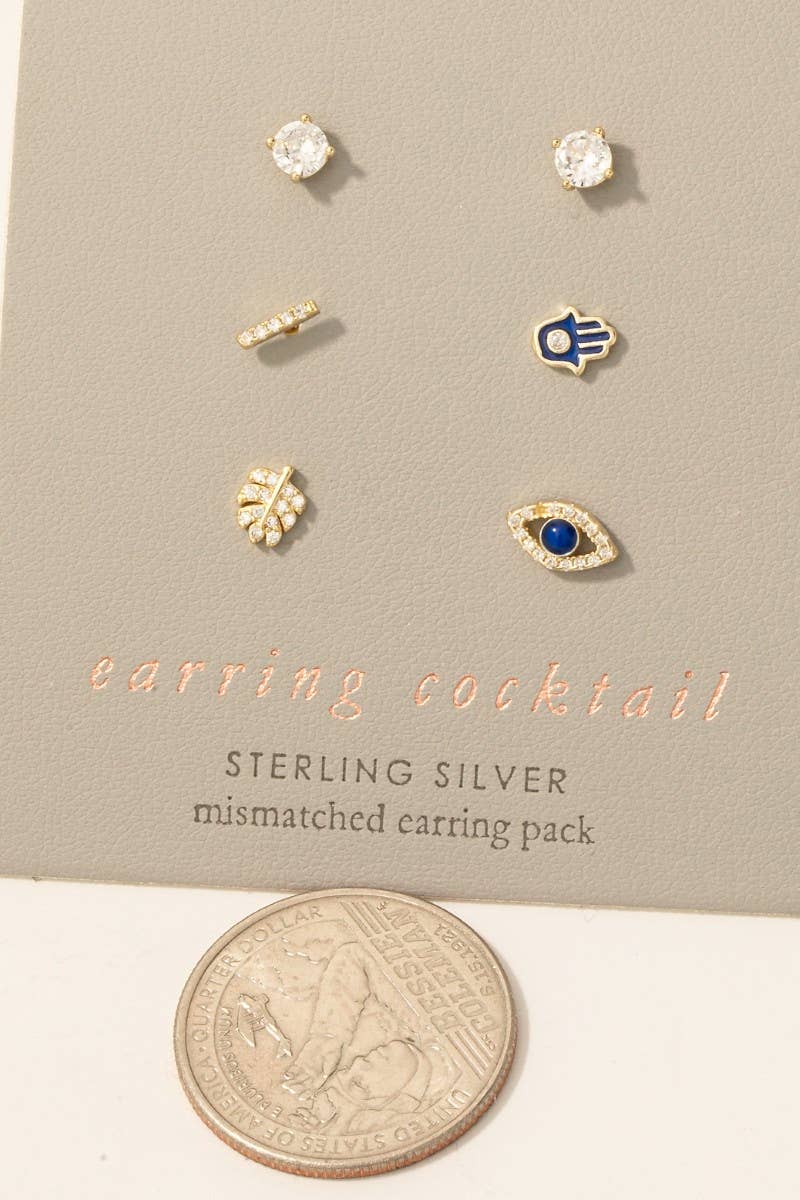 Sterling Silver Mini Hamsa Eye Stud Earrings Set