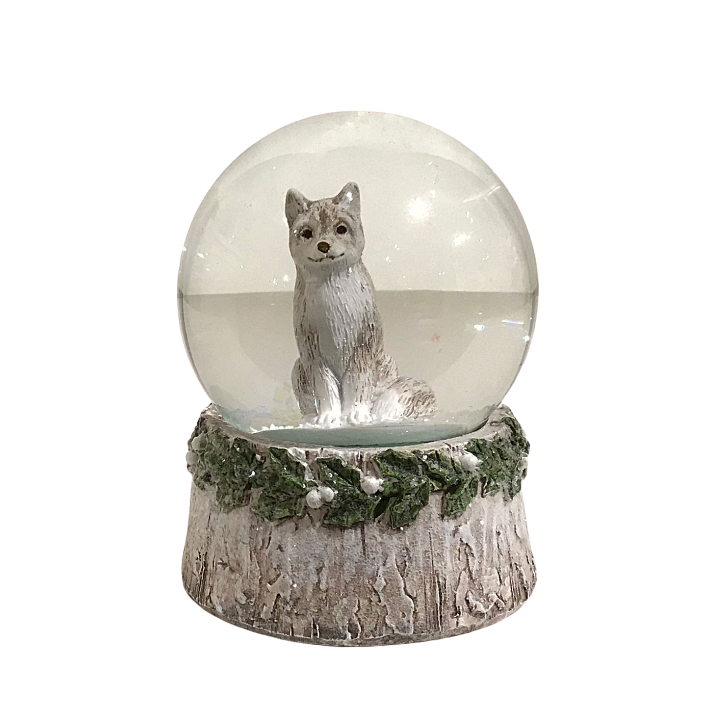 Artic wolf snow globe with bark and holly leaves accents