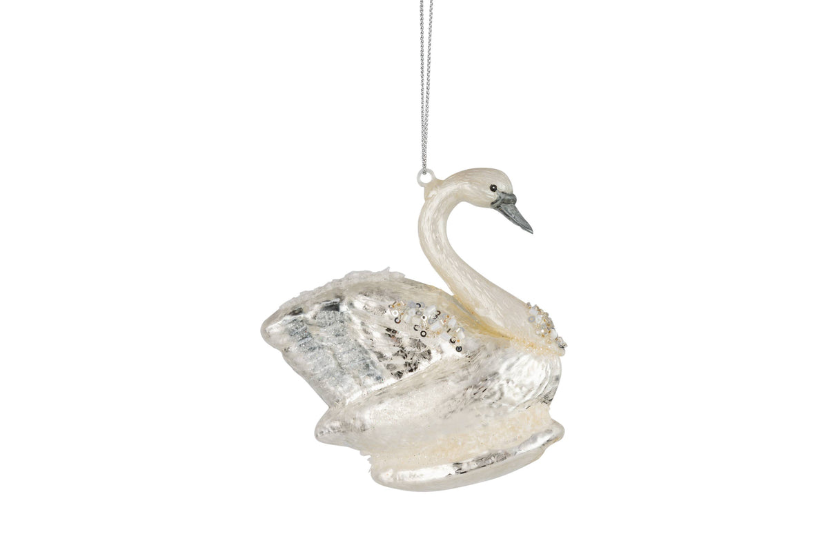 A45368:Glass swan ornament pale silver, 3.75 in