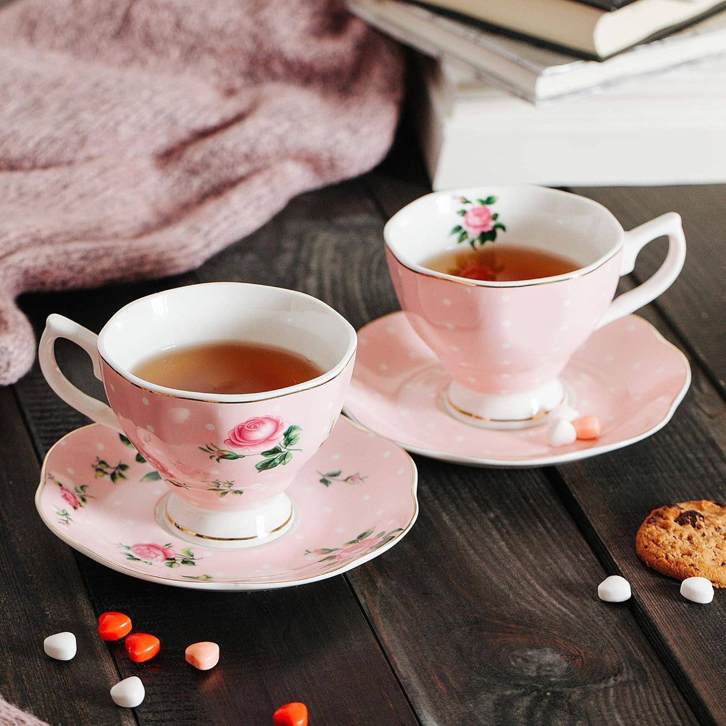Floral Tea Cups & Saucers with Gold Trim