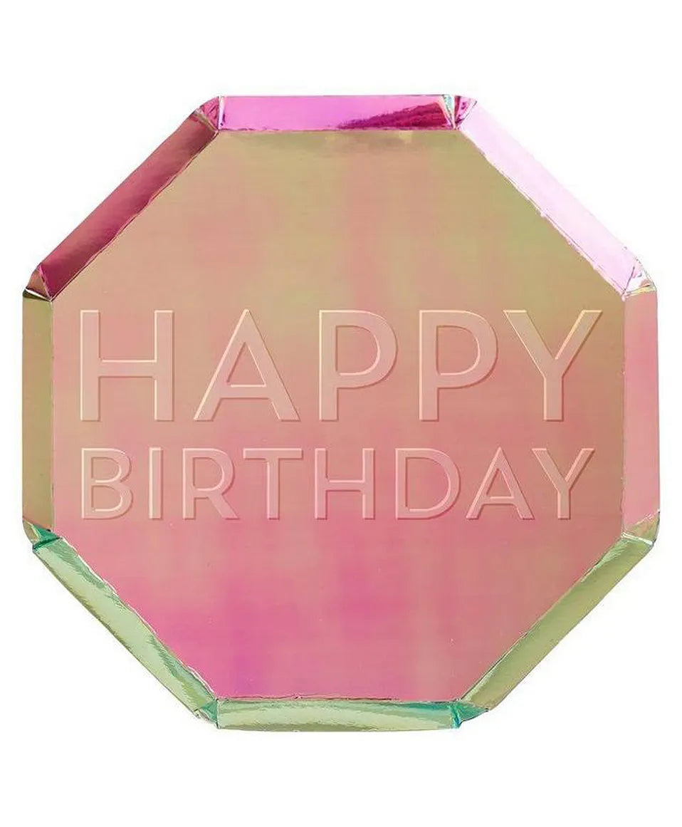 Meri Meri Happy Birthday Oil Slick Foiled Paper Plates, Iridescent Pink, Embossed - Pack of 8