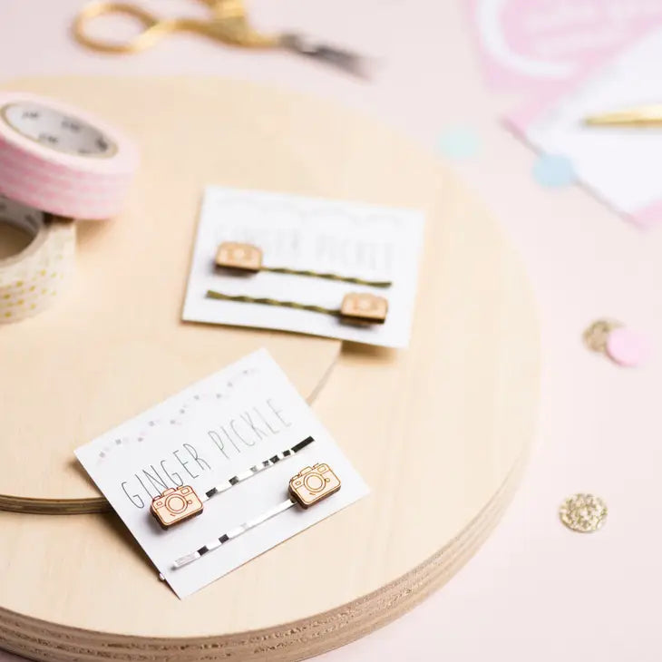 Wooden Camera Hair Slides
