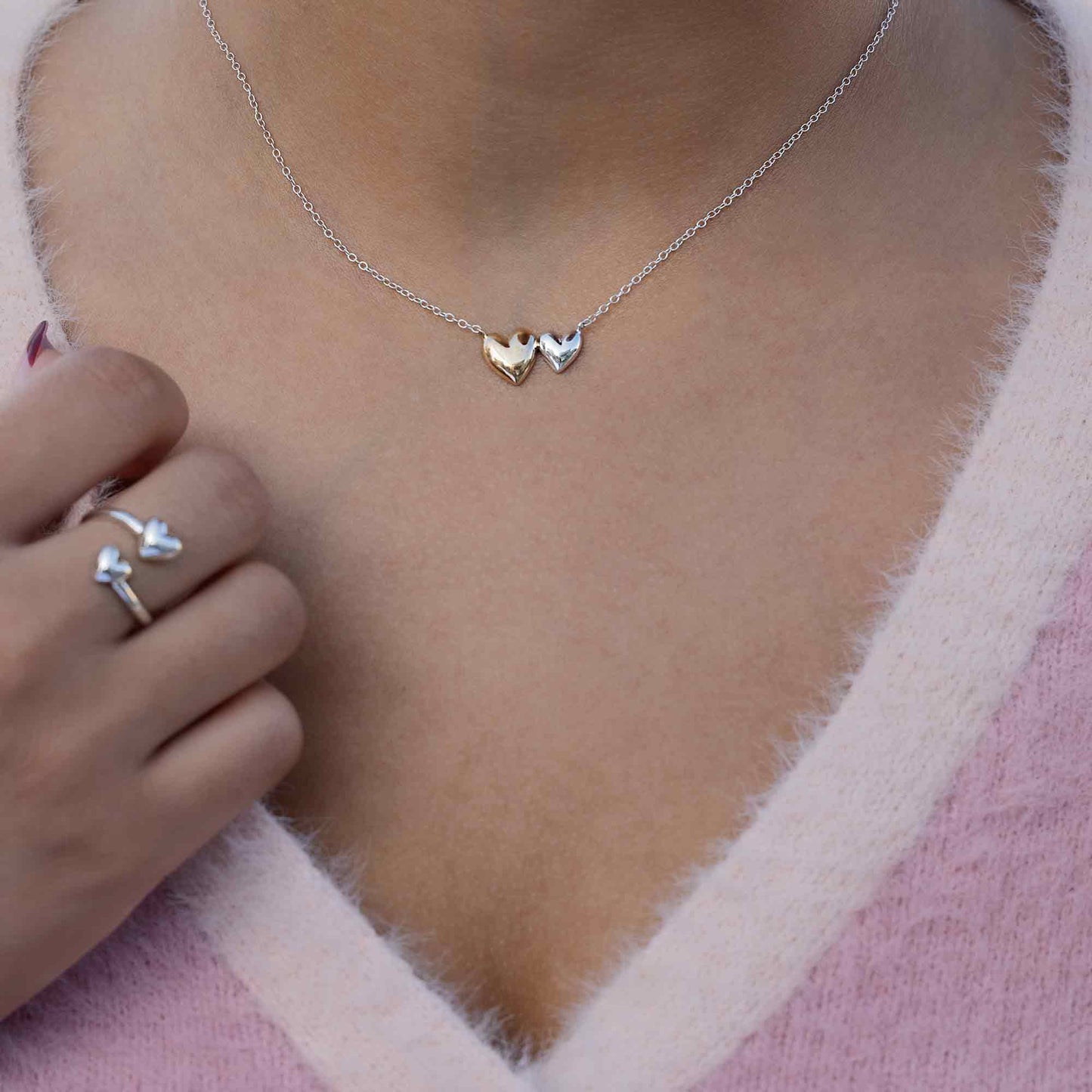 Mixed Metal Puffy Hearts Festoon Necklace