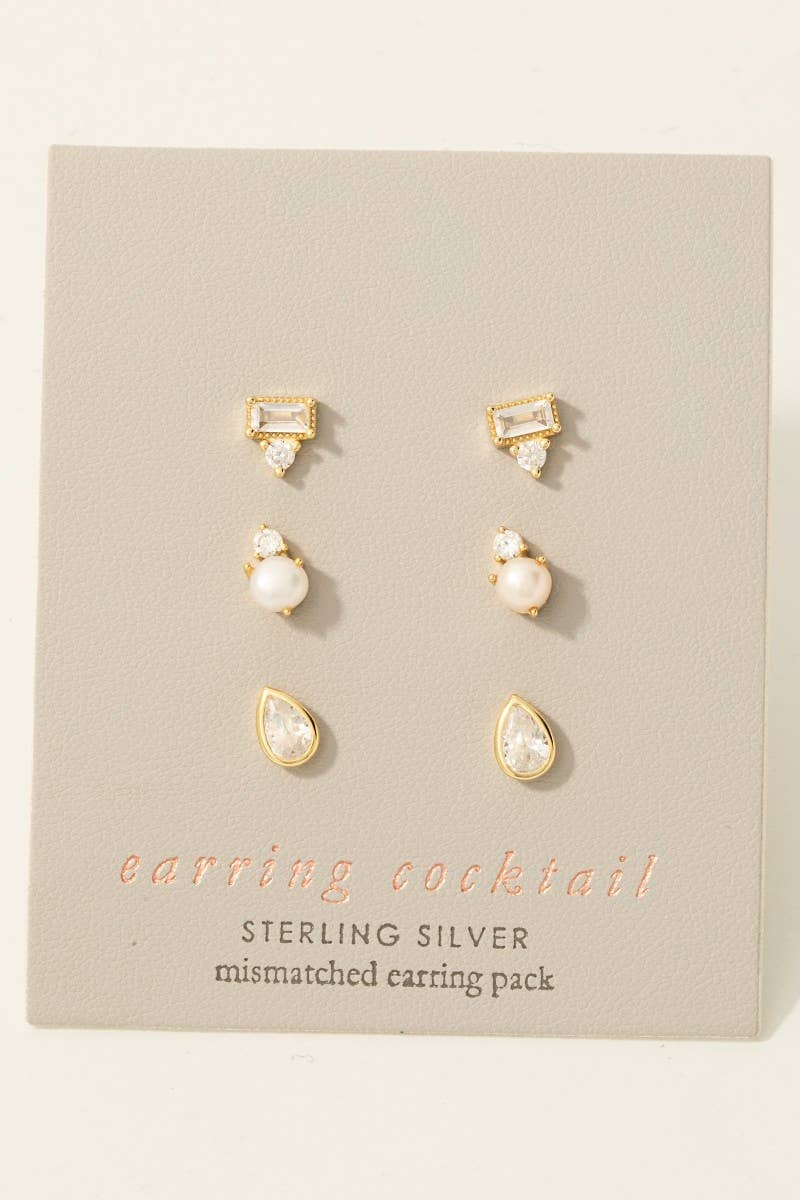 Sterling Silver Cz Tear And Pearl Stud Earrings Set