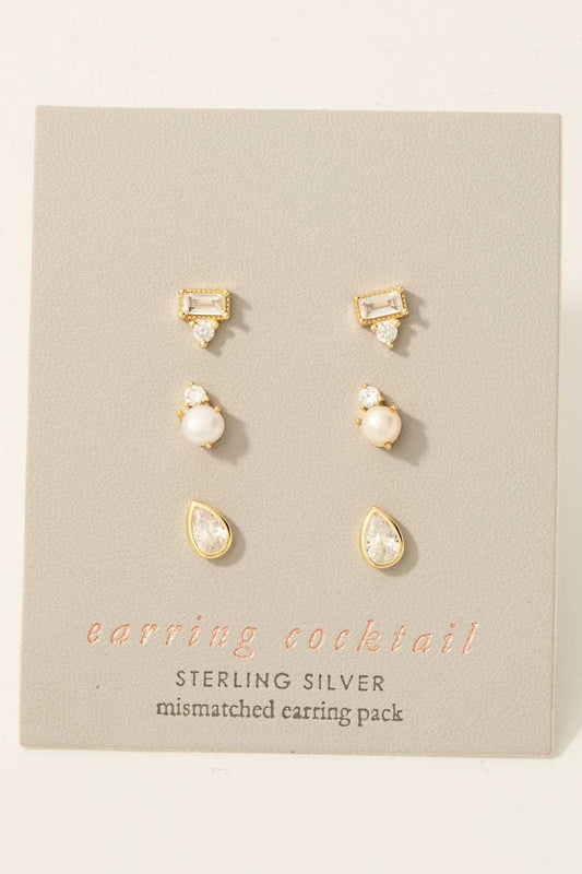 Sterling Silver Cz Tear And Pearl Stud Earrings Set