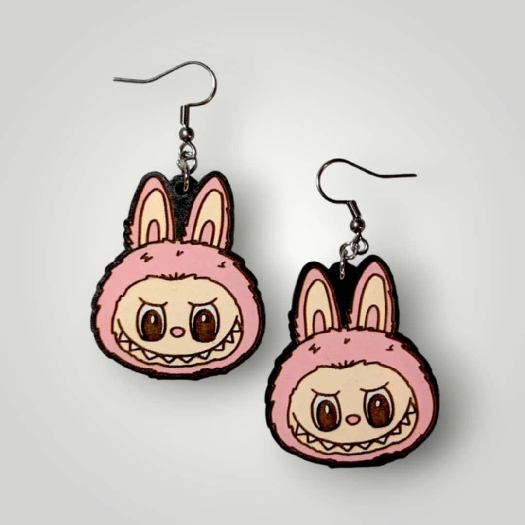 Labubu Monster Head Hand Painted Wood Earrings