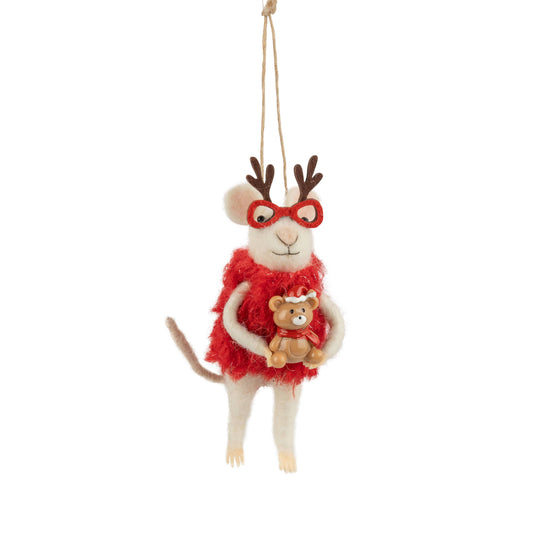 Felt Mouse Ornament:  Mouse with antler sunglasses & red dress with bear