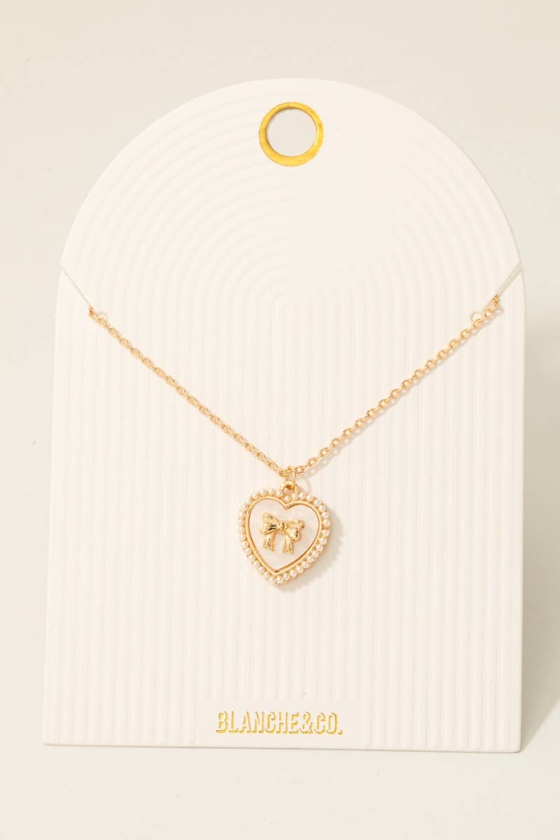 Pearl Set Heart Ribbon Bow Pendant Necklace