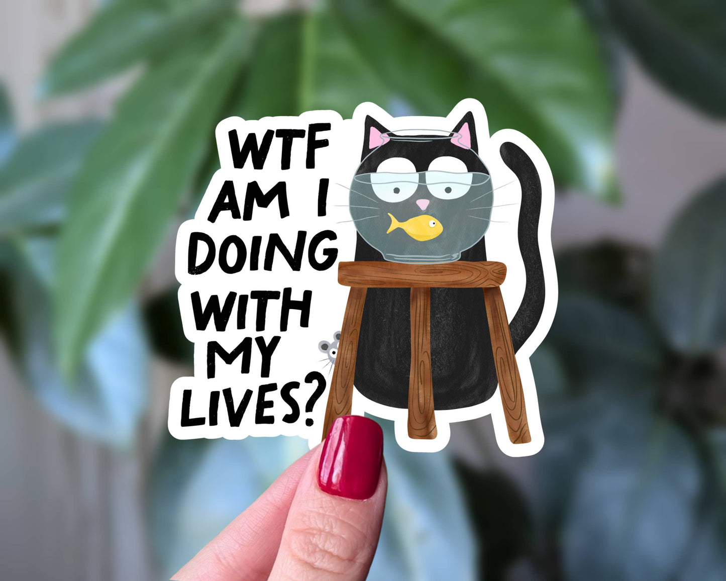 WTF Am I Doing With My Lives? Funny Cat Humor Sticker,