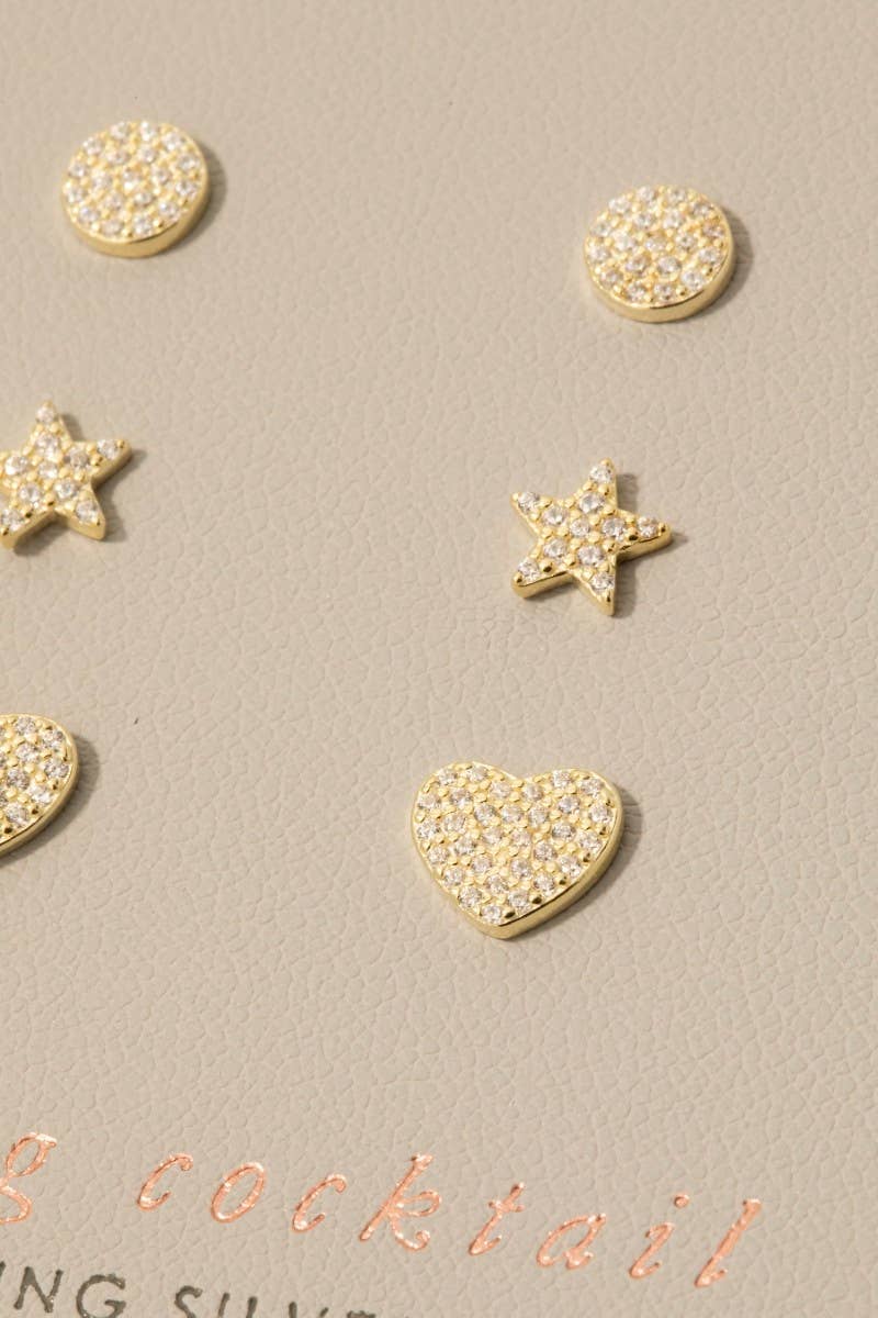 Sterling Silver Cz Pave Star Heart Disc Stud Earrings Set