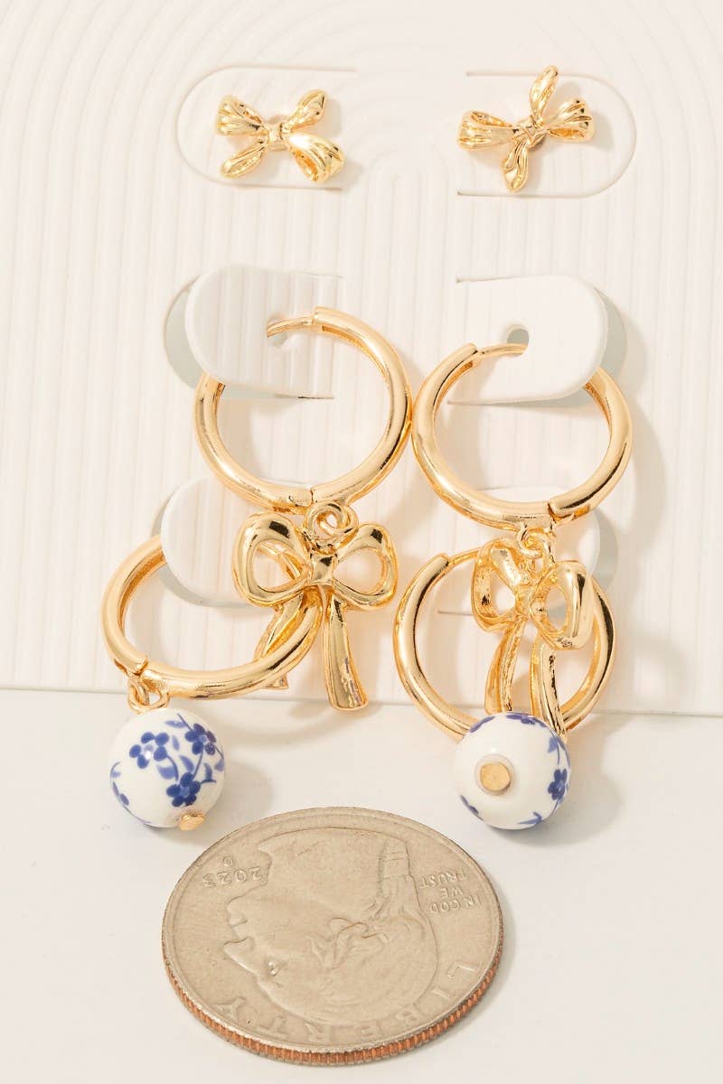 Floral Ceramic Bead And Bow Mixed Earrings Set
