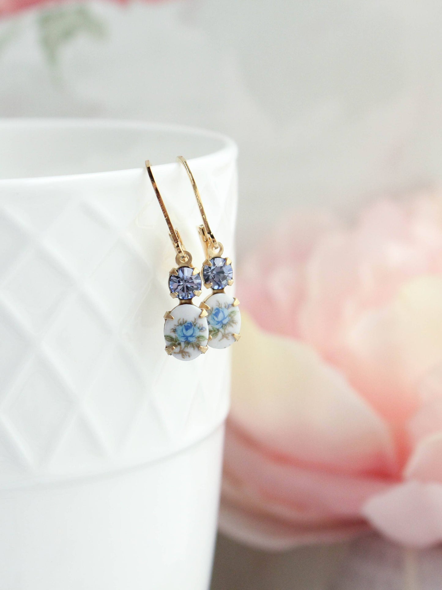 Little Blue Rose Cameo Earrings - Vintage Glass