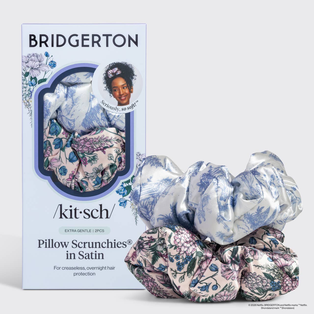 Bridgerton x Kitsch Satin Pillow Scrunchies in Toile in Bloom