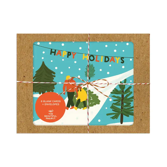 Festive Tree Picking Family Christmas Card Box Set of 8