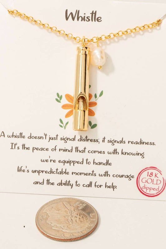 Gold Dipped Safety Whistle And Pearl Pendant Necklace