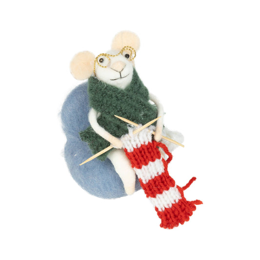 A13661: Felt mouse in blue chair knitting,4in