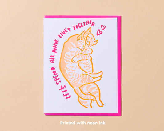 Nine Lives Cat Love Letterpress Greeting Card- Made in USA