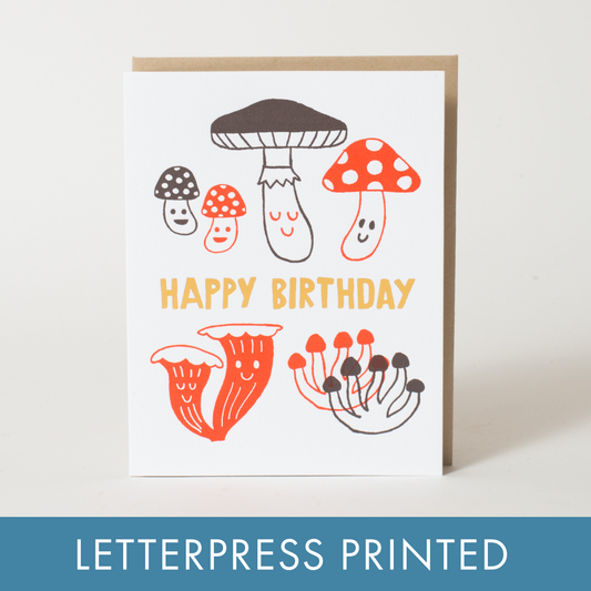 Birthday Mushrooms Letterpress Greeting Card by Fugu Fugu