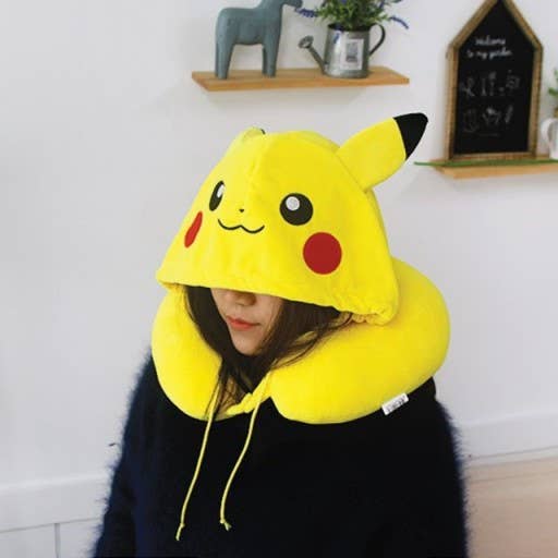 Poketmon Traveling, Daily Neck Pillow With Hoodie Cushion