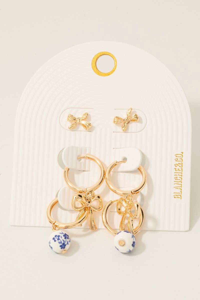 Floral Ceramic Bead And Bow Mixed Earrings Set