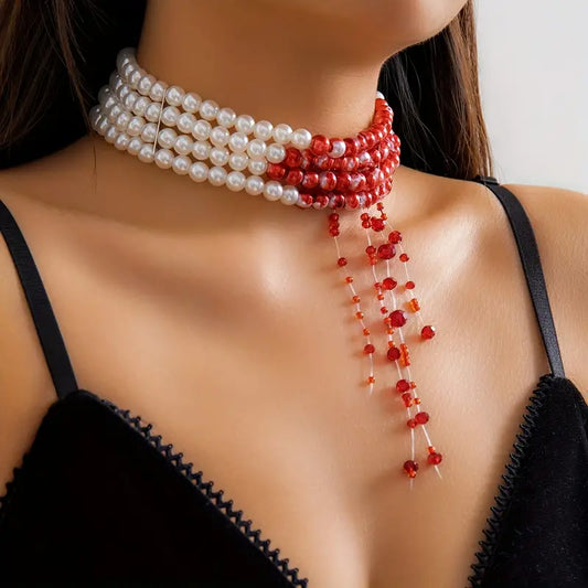 Gothic Chic Blood Drop Artificial Pearl Tassel Necklace