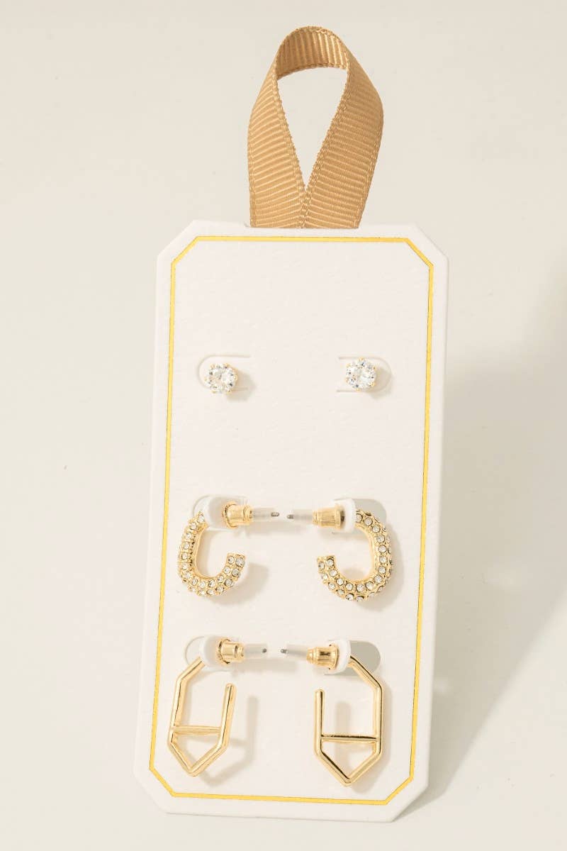 Mixed Pave Hoop And Stud Earrings Set