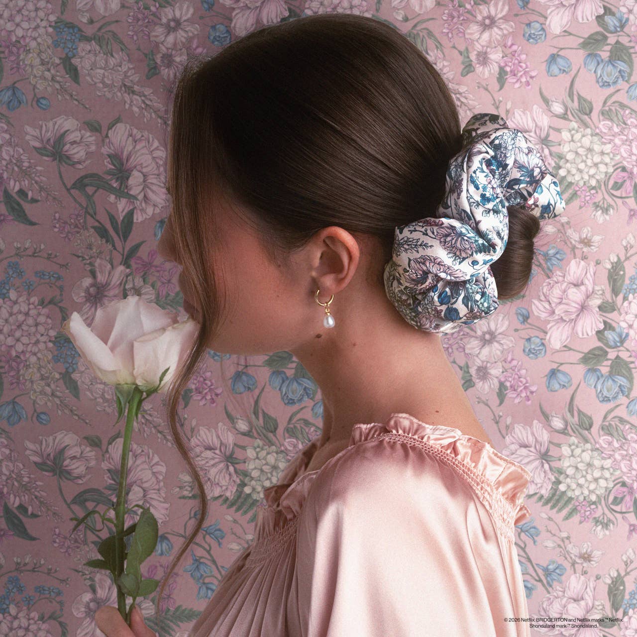 Bridgerton x Kitsch Satin Pillow Scrunchies in Toile in Bloom