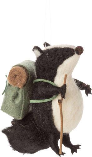 Felt hiking badger ornament with walking stick & back pack - Front & Company: Gift Store