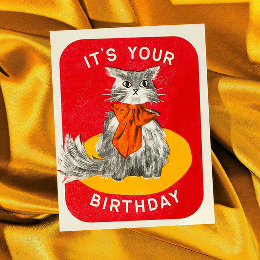 It's Your Birthday Bow Cat - Risograph Card