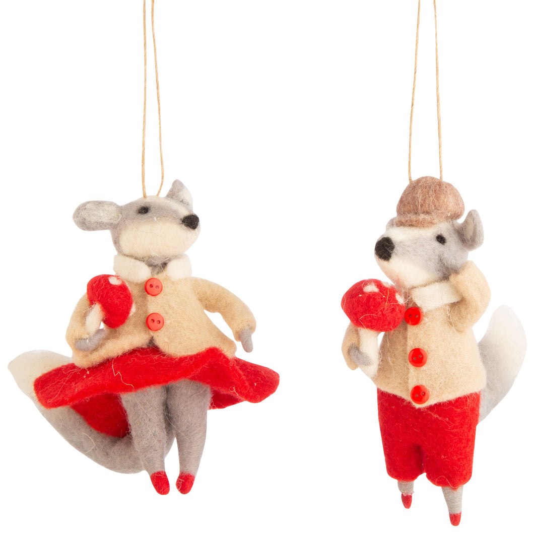 Dressed felt mouse ornament carrying mushrooms boy or girl