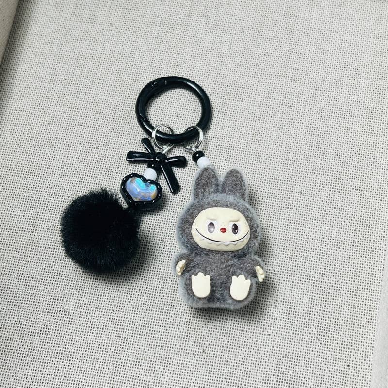Flocked Mini Labubu Keychain Phone Charm with Fleece Poms