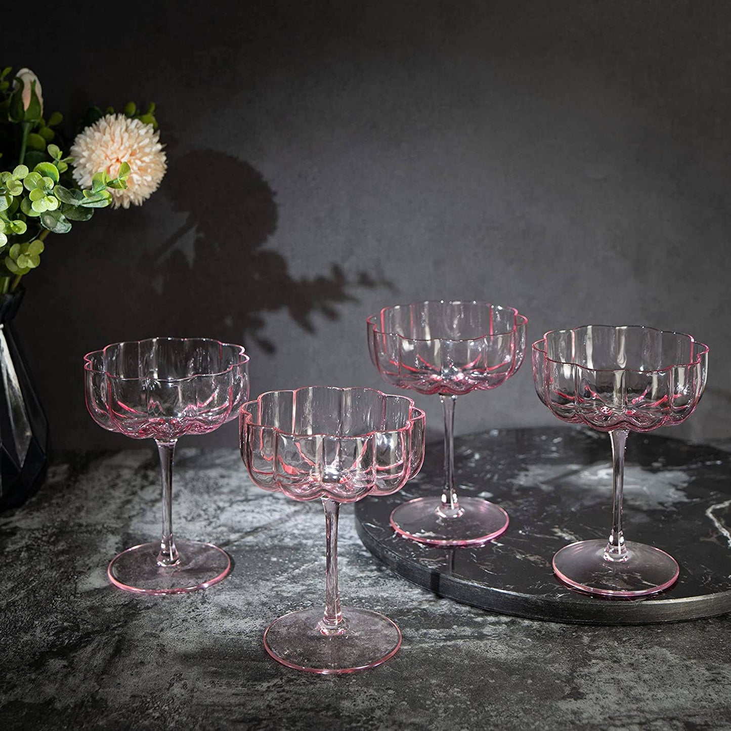 Elegant Flower  Champagne & Cocktail Coupes - Pink Set of 4