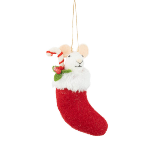 Felt Mouse Ornament:  Felt mouse in red stocking with candy cane & holly