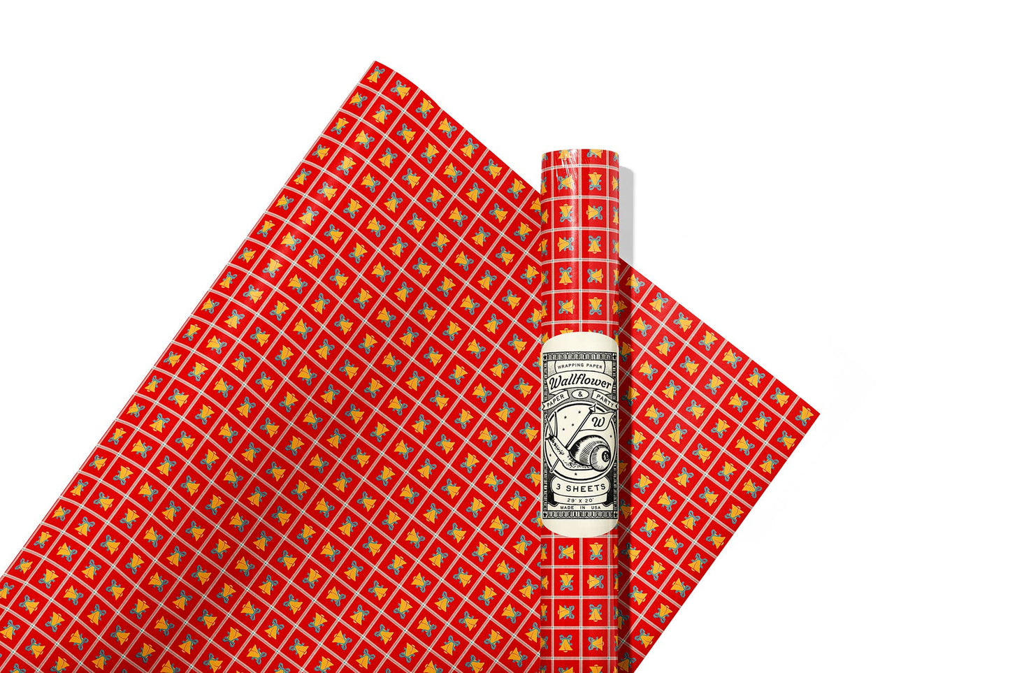 Red Christmas Wrapping Paper Bells - 3 Sheet Roll