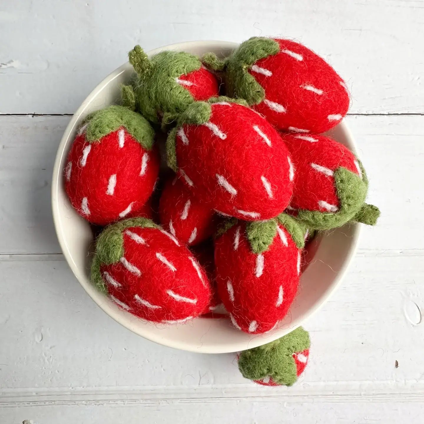 One Red Felt Strawberry With Forest Green Stem