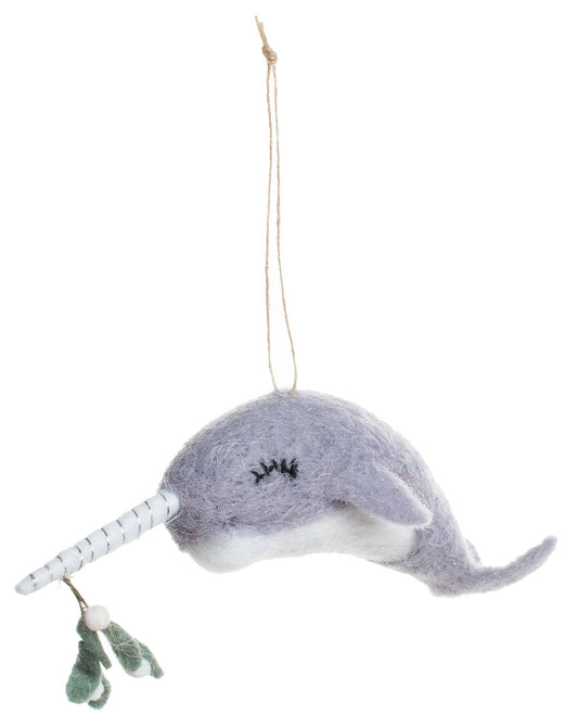 Felt Narwhal Ornament with Mistletoe trim