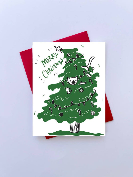 Cat in a tree letterpress Christmas card