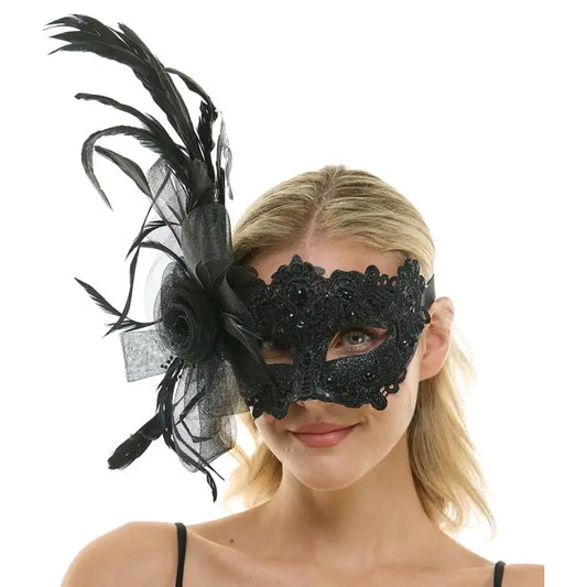 Black Lace Fascinator Mask With Feather
