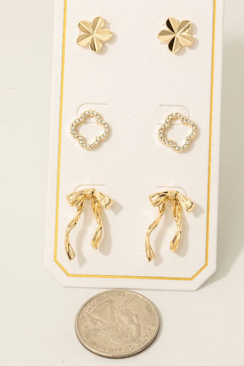 Flower Bow And Pave Clover Stud Earrings Set