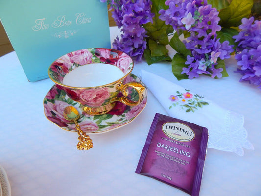 English Garden Pink, Red Roses, and Gold Teacup and Saucer