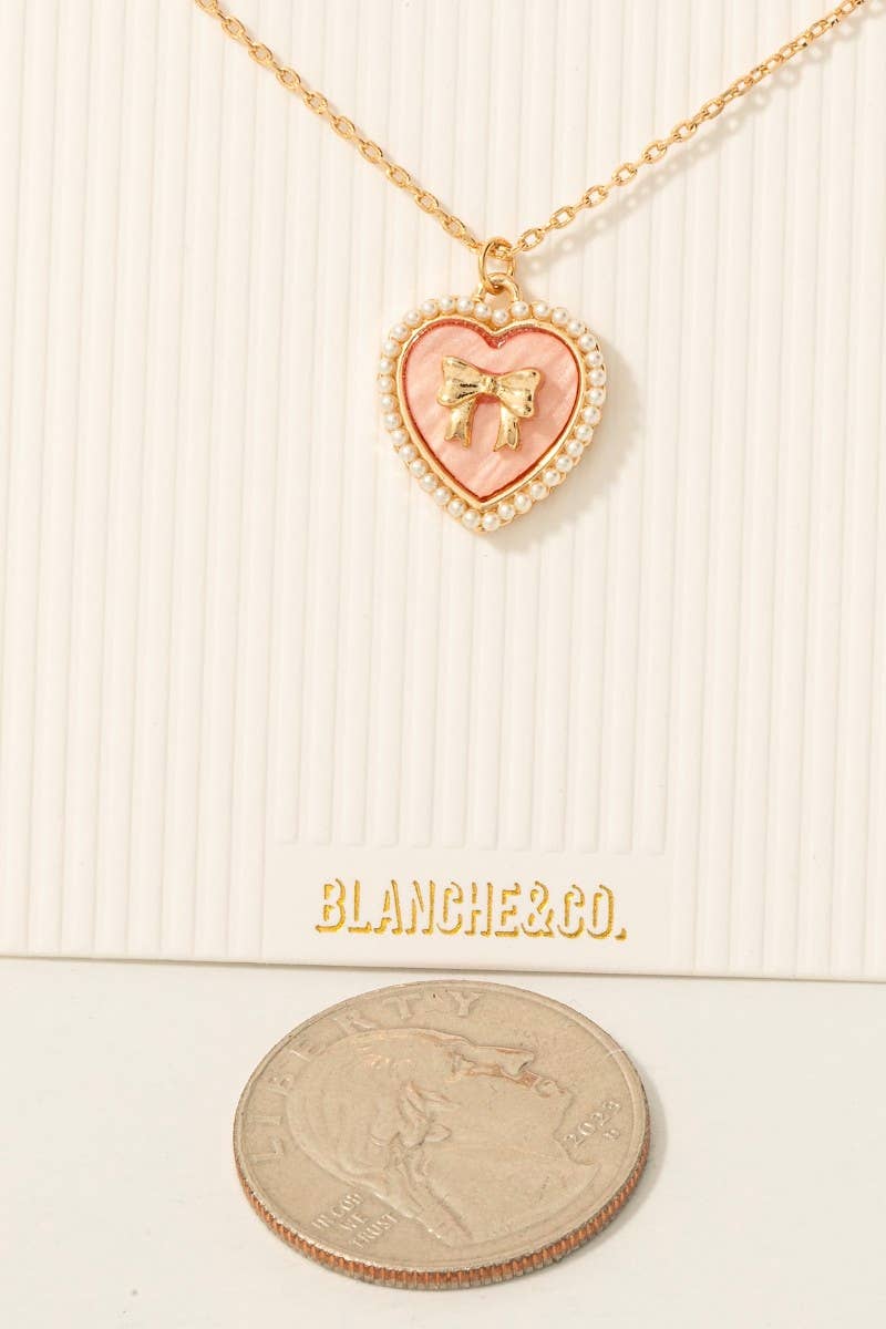 Pearl Set Heart Ribbon Bow Pendant Necklace