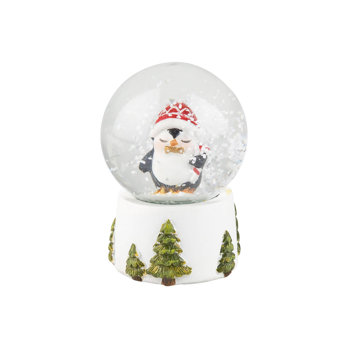 A01540:Penguin resin snowglobe, black, green-white, 2.5in