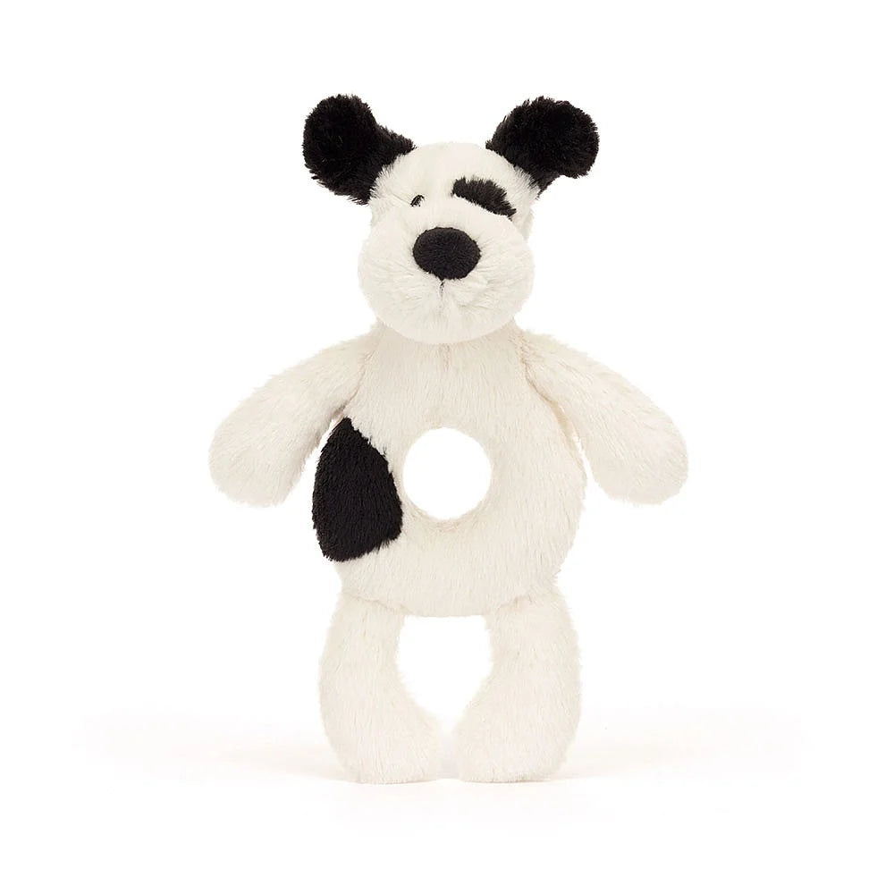 Jellycat Bashful Black & Cream Puppy Ring Rattle (Recycled Fibers)