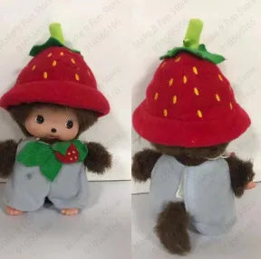 Monchhichi Brown Hair Strawberry Hat Blue Overall
