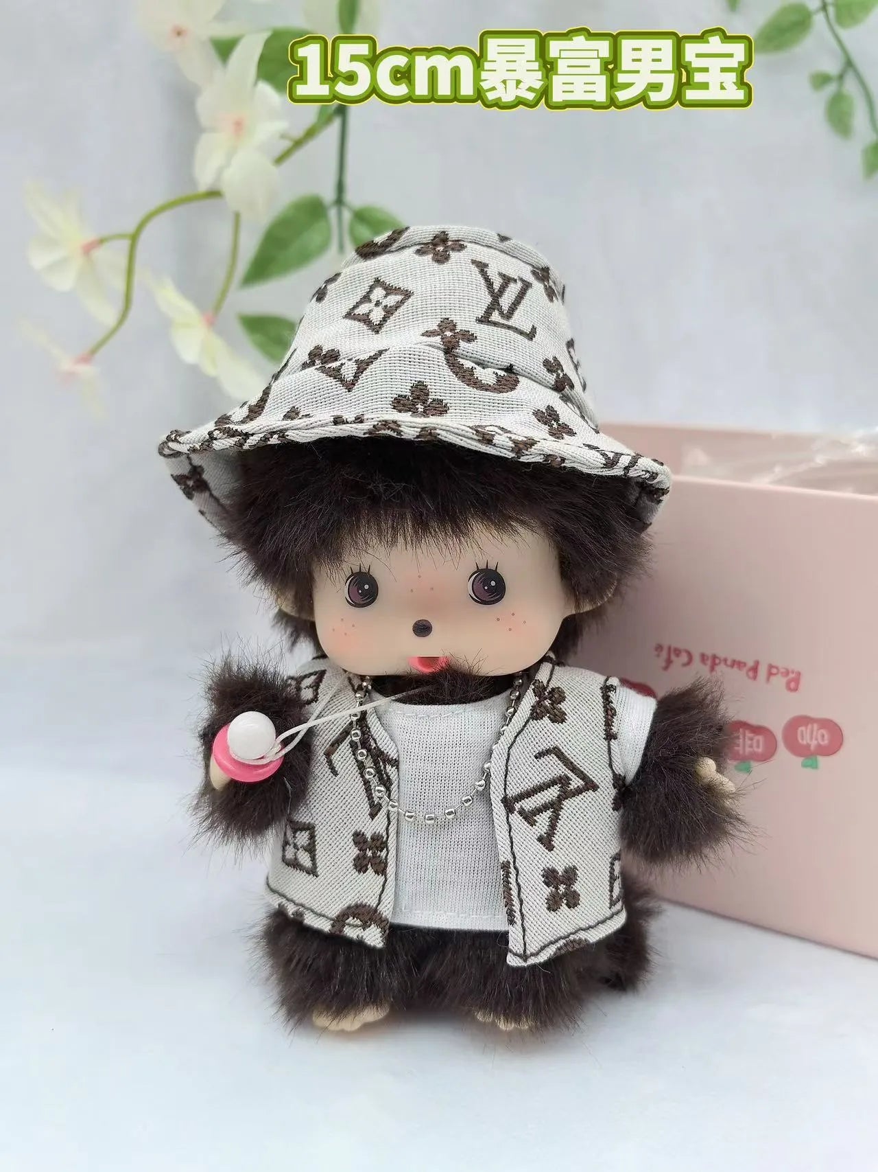 Monchhichi Dark Brown Hair LV Bow and Dress