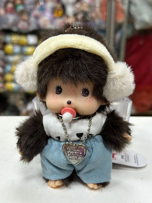 Monchhichi Brown Hair Ear Muff, White Shirt Blue Pants