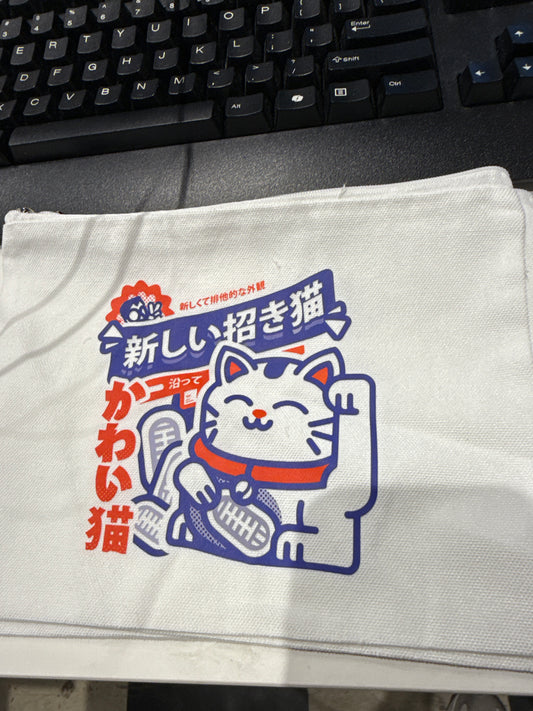 Lucky Cat Japanese White cosmetic bag