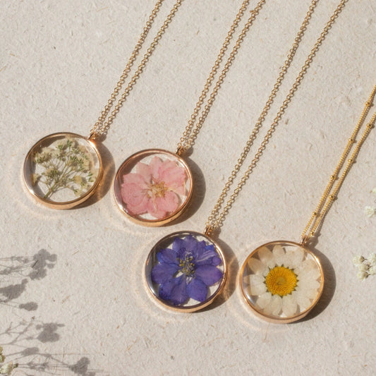 Round Pressed Flower Necklace 20"Cable Chain
