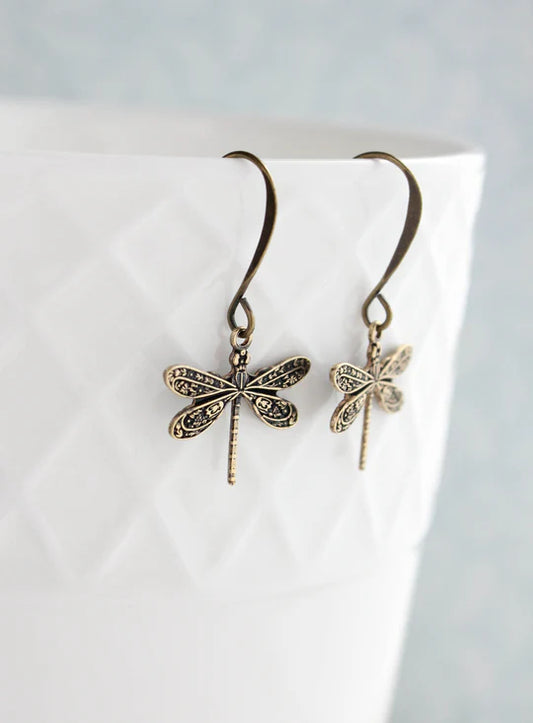 Little Dragonfly Earrings - Antiqued Gold